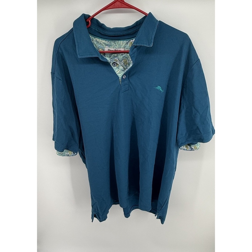 Tommy Bahama Polo Shirt Men XXL Blue Supima Cotton Floral Trim Golf SEE PICS